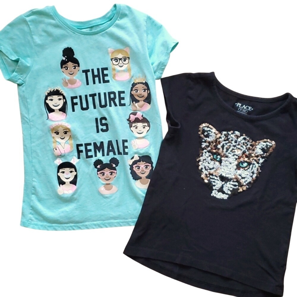 Children's Place Girls 2 Pack Short Sleeve Shirts - Sequin Tiger & Female Future